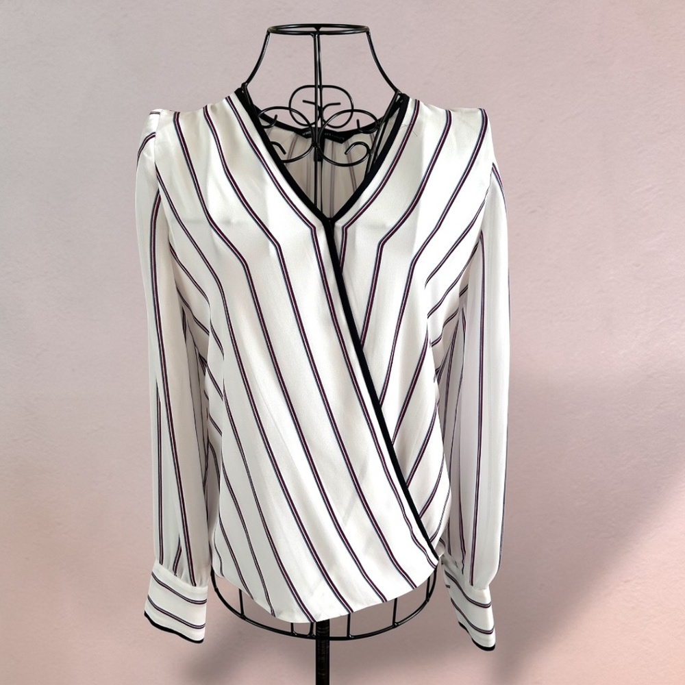 WHBM Stripe Wrap Blouse Size 00 White Navy Red Career Top